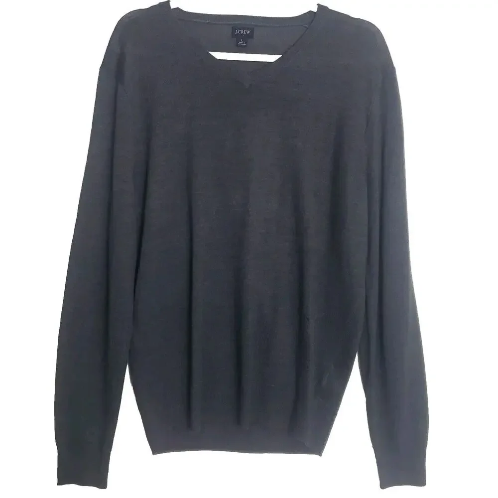 J Crew Mens Merino Wool Blend V-neck Long Sleeve‎ Gray Sweater Size Large